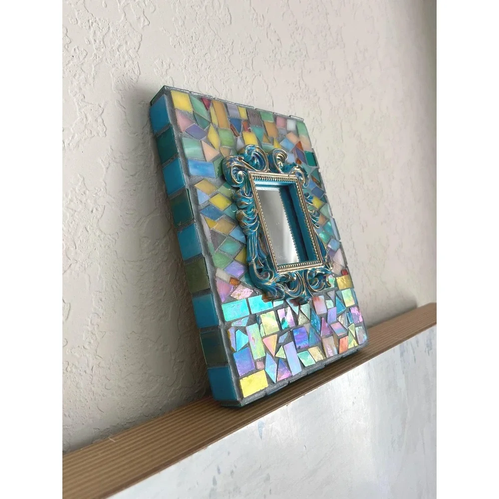 Stained Glass Mosaic Mirror Frame Colorful Handmade Glass Tile Boho Decor 8x6